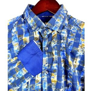 Giorginni Mens Blue Plaid Floral Button Down Shirt Size M
